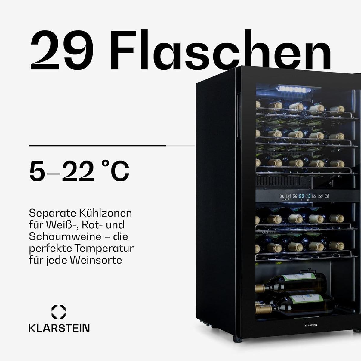 Klarstein Weinkühlschrank, 2 Zonen Getränkekühlschrank Klein, Freistehender Kleiner Weinschrank 80L, Wein-Kühlschrank mit Glastür, Indoor/Outdoor Flaschenkühlschrank, Wine Fridge 29 Flaschen