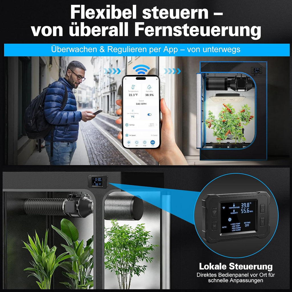100mm Rohrventilator WiFi APP mit Inverter-EC-Motor, 360 m³/h Inliner Abluftventilator mit Intelligenter Temperatur- und Feuchtigkeitsregler, 3m Kabel Inline Rohrlüfter für Growzelte Gewächshäuser