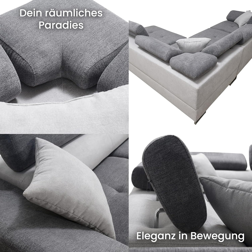 Robin Inspire Saturn Premium Ecksofa Schlaffunktion Bettkasten Verstellbare Kopfstützen Kissen Sofa L-Form Schlafsofa Freistehende Eckcouch Schlafcouch Wohnzimmermöbel Wohnlandschaft Links Braun Creme