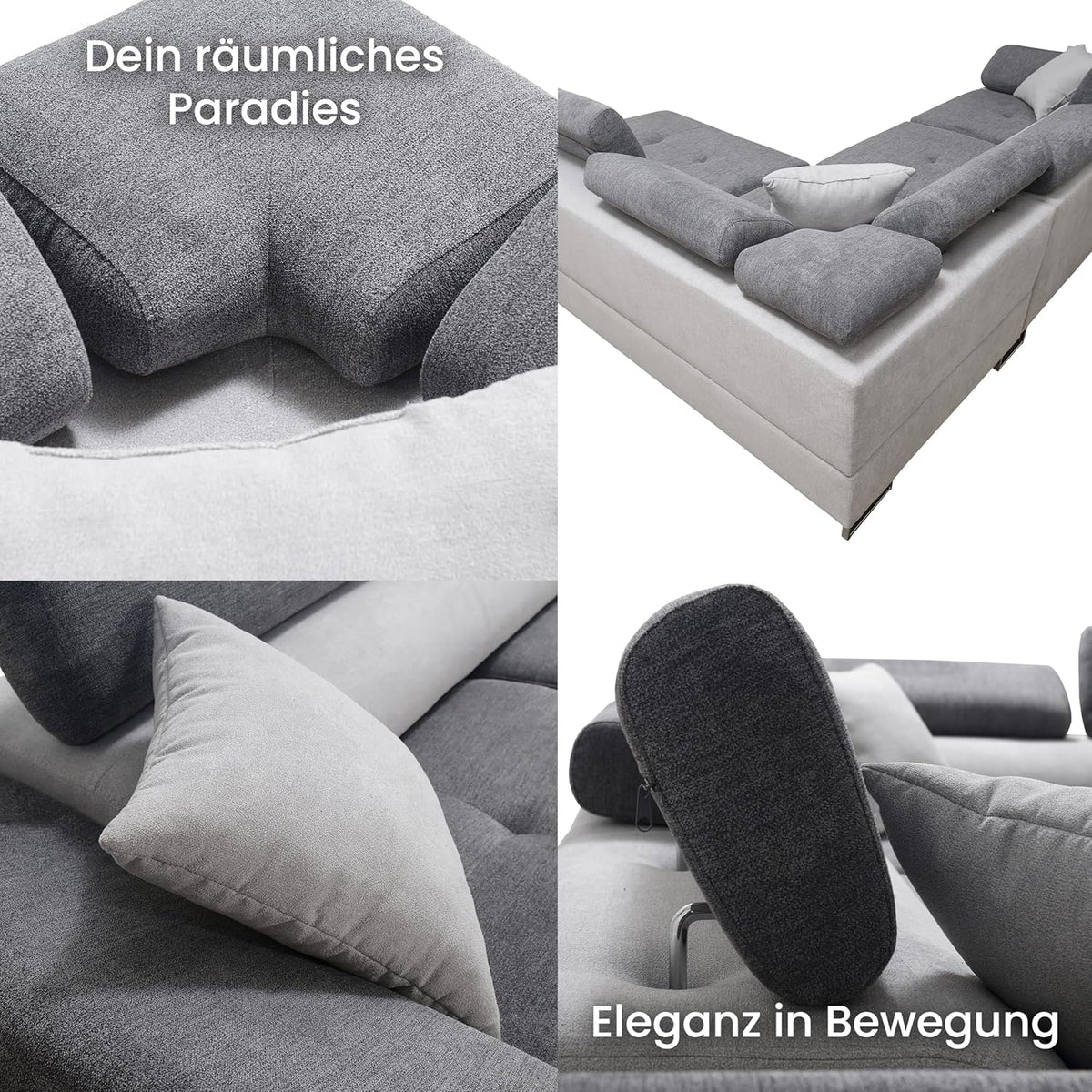 Robin Inspire Saturn Premium Ecksofa Schlaffunktion Bettkasten Verstellbare Kopfstützen Kissen Sofa L-Form Schlafsofa Freistehende Eckcouch Schlafcouch Wohnzimmermöbel Wohnlandschaft Links Braun Creme