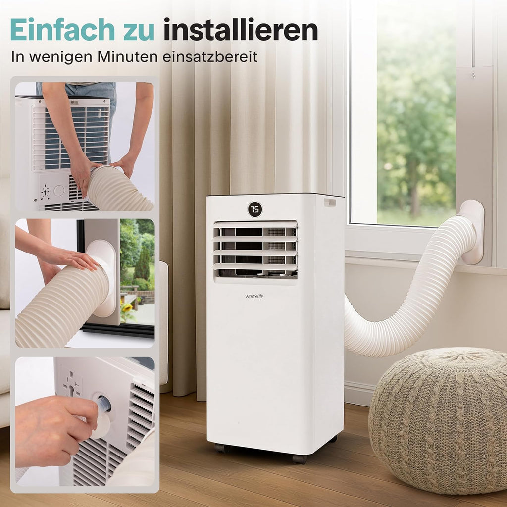 SereneLife Klimaanlage 7000BTU 2.05kW- 4-in-1 Mobiles Klimagerät mit WLAN, Heizen, Entfeuchten, Ventilator für Räume bis 28 m², inkl. Abluftschlauch und Fensterkit, 24h- Timer, 54db
