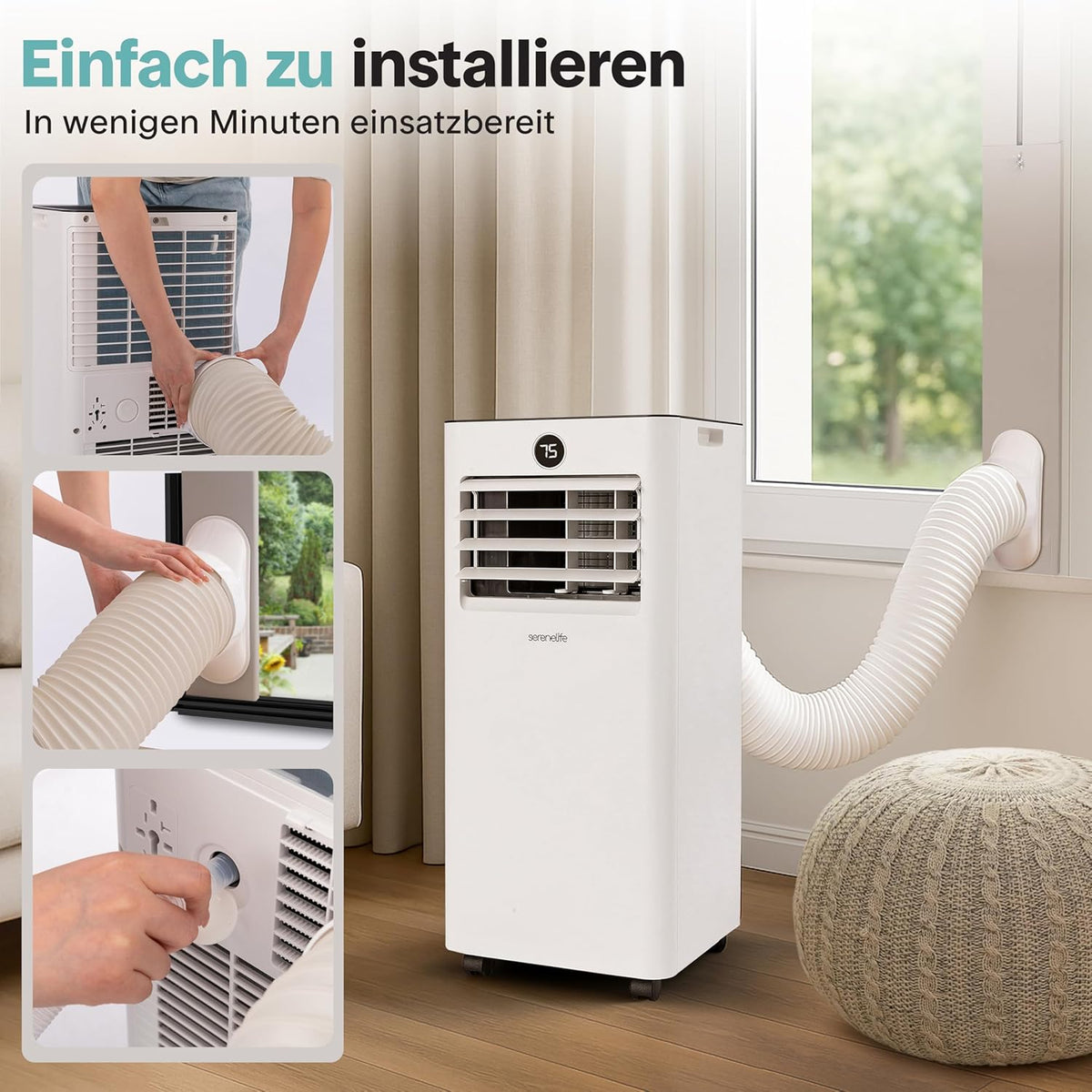 SereneLife Klimaanlage 7000BTU 2.05kW- 4-in-1 Mobiles Klimagerät mit WLAN, Heizen, Entfeuchten, Ventilator für Räume bis 28 m², inkl. Abluftschlauch und Fensterkit, 24h- Timer, 54db