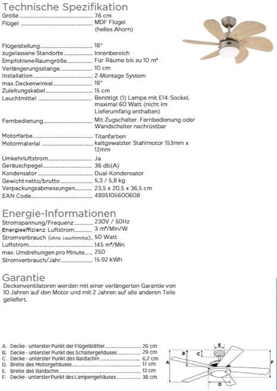Westinghouse Lighting 76 cm Deckenventilator Turbo Swirl 78158 mit Einzelleuchte und sechs Flügeln, Ausführung in Titan mit Opalmilchglas, 7815840, Titanium