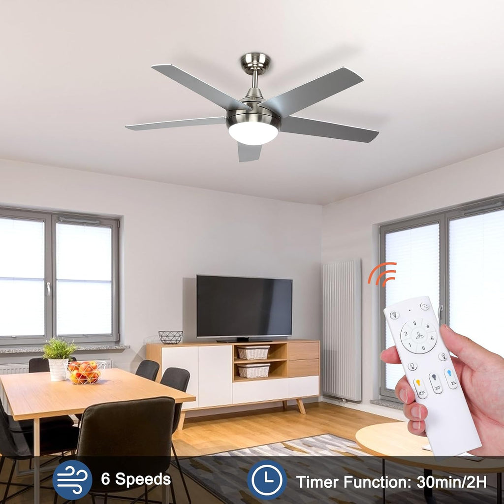 Deckenventilator mit Beleuchtung, Leiser DC-Ventilator 132cm mit Fernbedienung, Dimmbare Lampe 3000K-6500K, 5 Flügel, 6 Geschwindigkeiten, Timer, für Schlafzimmer, Esszimmer, Wohnzimmer, Küche, Büro