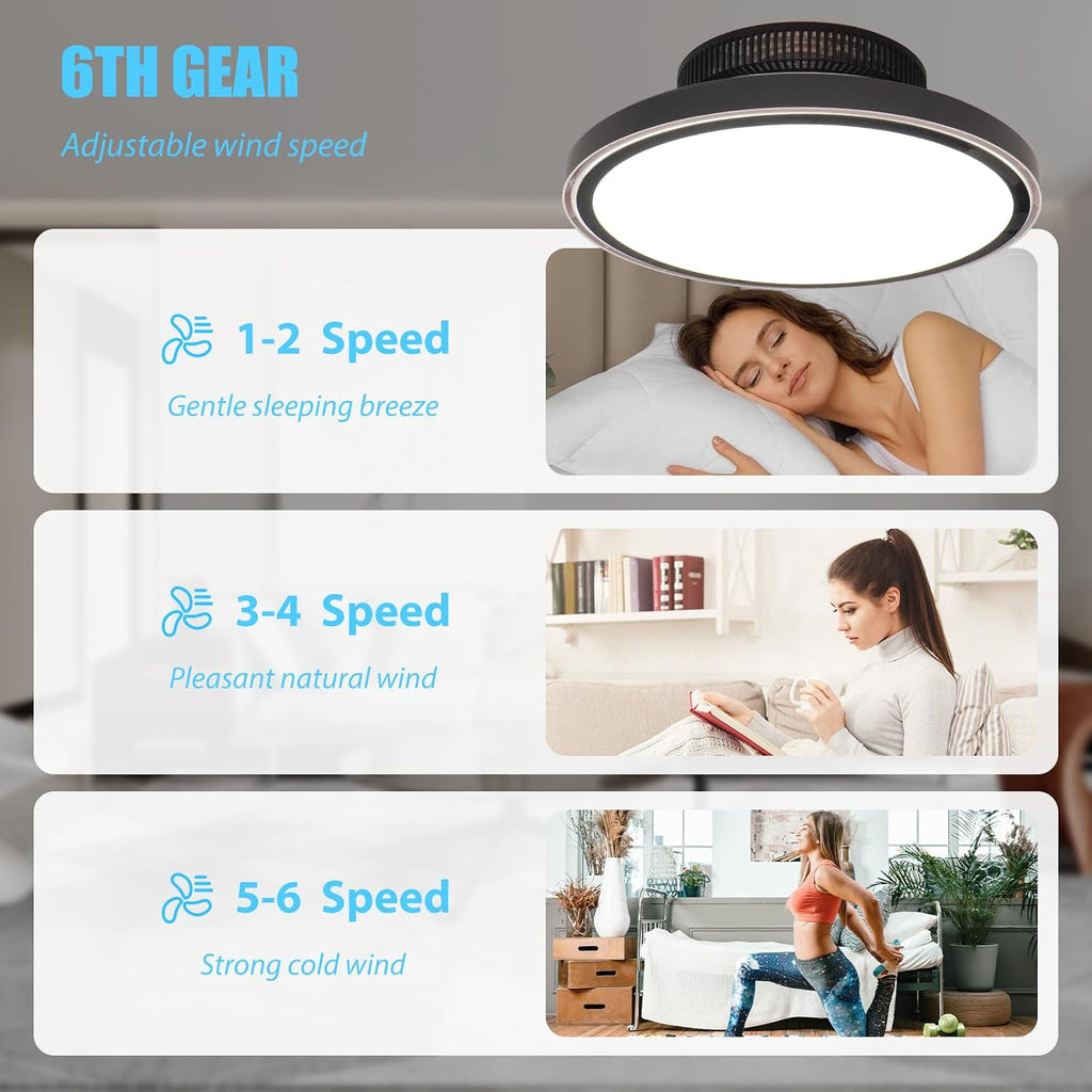 Blattloser Deckenventilator mit Beleuchtung und Fernbedienung Leise, 3000-6000K Dimmbares LED Deckenleuchte mit Ventilator mit 6 Windgeschwindigkeiten und Timer-Funktion, Schwarz