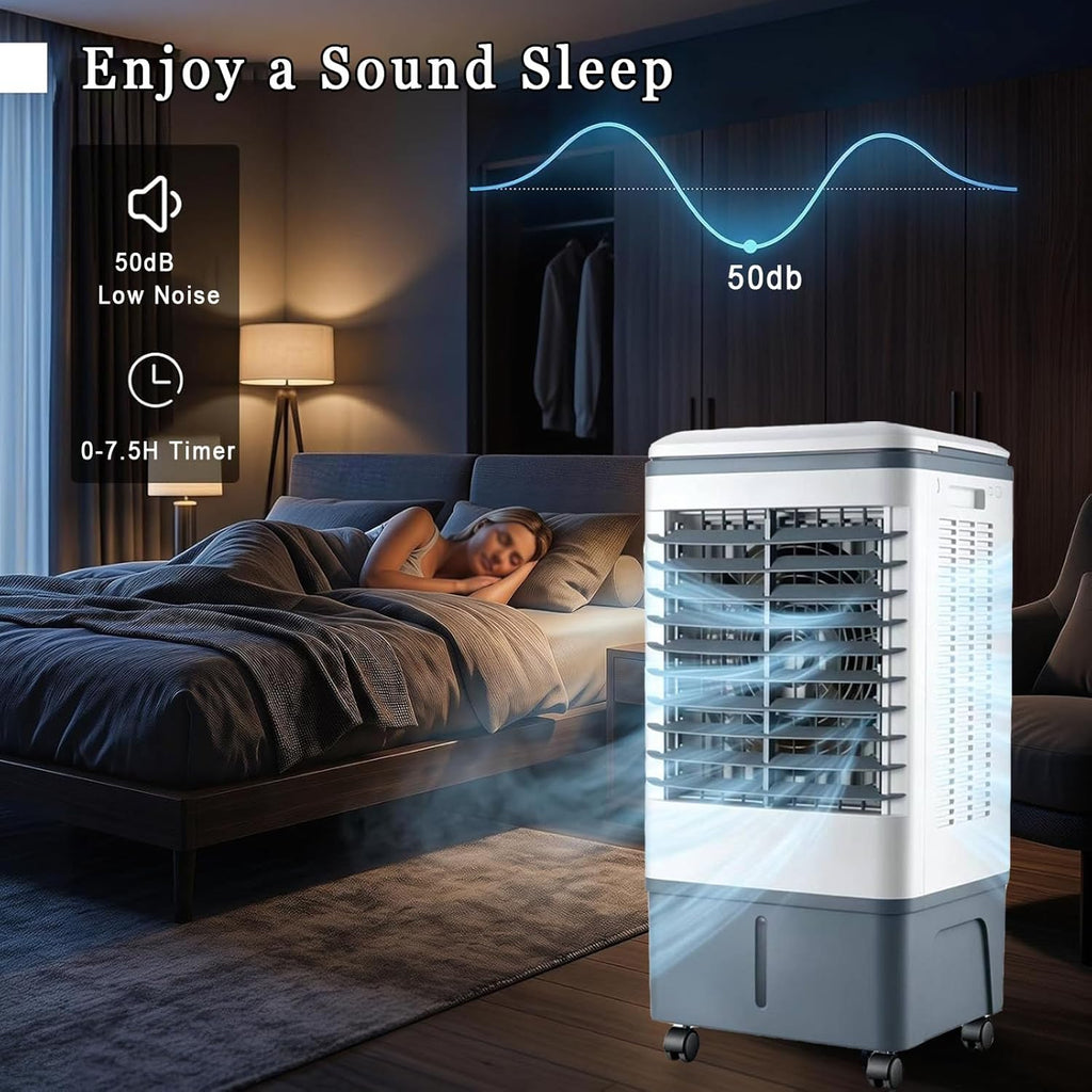 Klimaanlage Mobil 80W, 1-seitiger Klimaanlage Ohne Abluftschlauch, 3 Modi, 20L Abnehmbarem Tank, 60/120° Oszillation, 7.5h Timer, Leise, Fernbedienbar, Verdunstungskühler für Zuhause Schlafzimmer