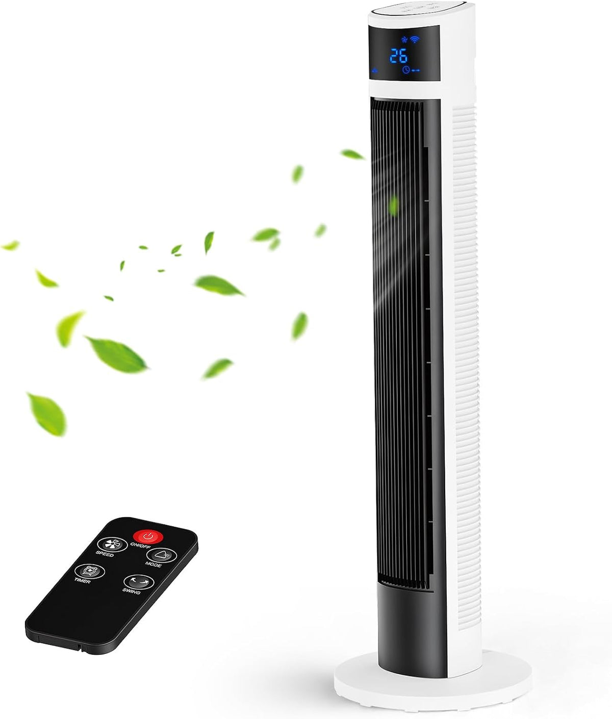 30dB Turmventilator Sehr Leise mit Fernbedienung | 80° Oszillation, drei Modi, Raumkühlung, platzsparender Tower Fan, kühlender Luftstrom, Schlafzimmer Büro, Senioren geeignet