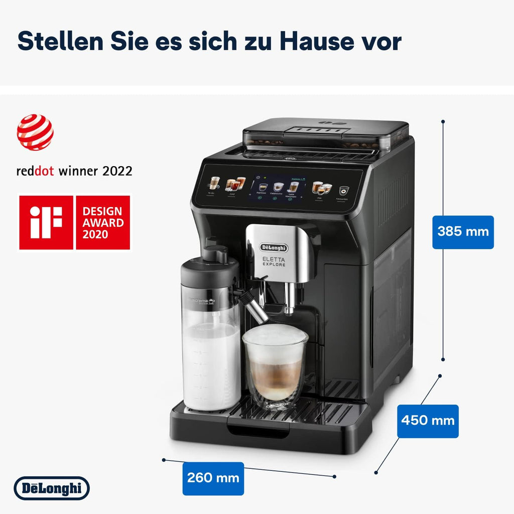 De’Longhi Eletta Explore - Perfetto Kaffeevollautomat mit LatteCrema-Milchaufschäumer, 40 Getränke auf Knopfdruck, farbiges Touch-Display, Dunkelgrau (ECAM452.57.G)