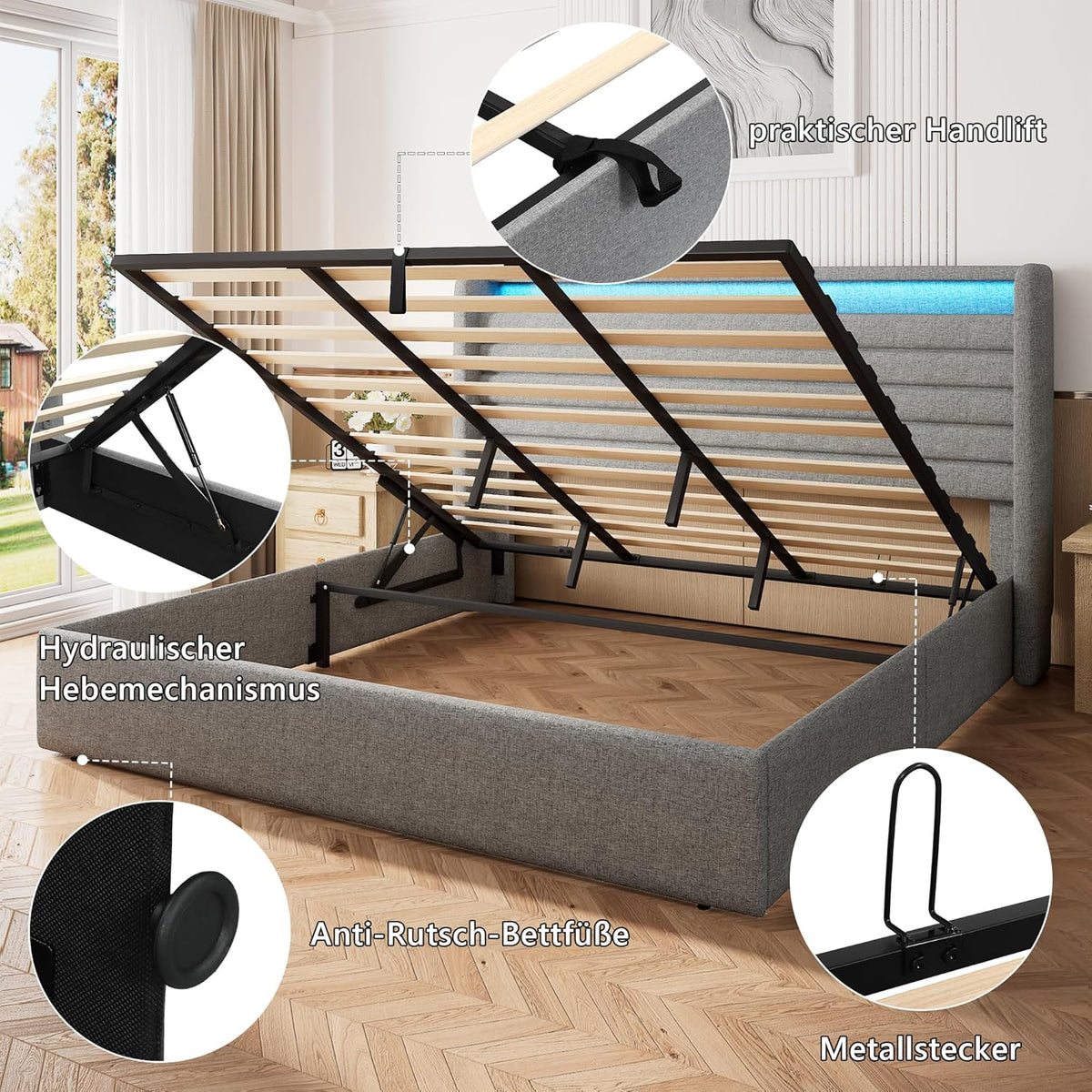 FEONASE Bett 180x200 mit Stauraum, Polsterbett 180x200 cm mit LED-Beleuchtung & Ladestation, Bettgestell mit Hydraulischem und Leinen Kopfteil Stauraum, Lattenrost, Ohne Matratze, Hellgrau