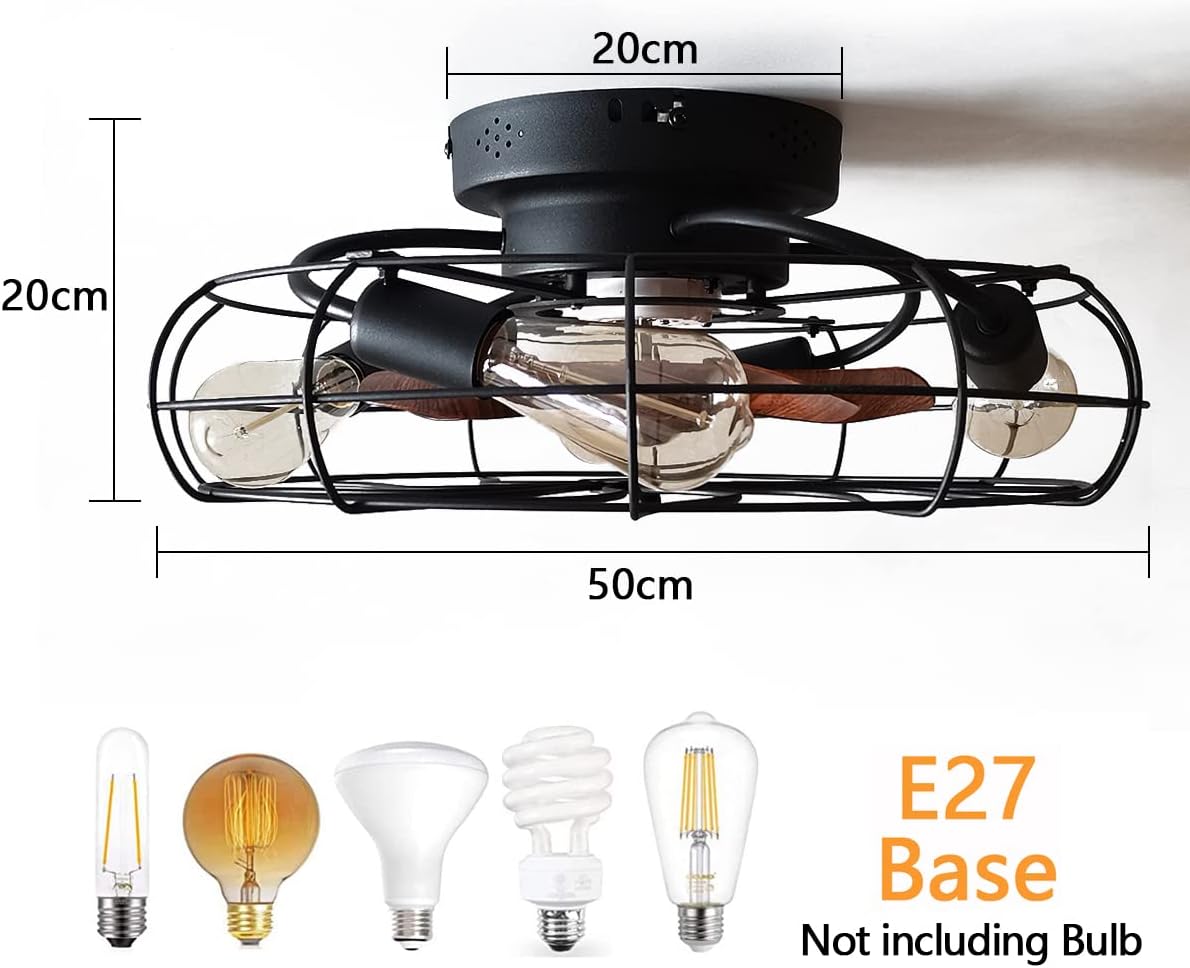 Deckenventilator mit Licht Retro LED Deckenleuchte mit Ventilator und Fernbedienung Industrial Deckenlampe E27 Vintage Cage Fan Lamp für Schlafzimmer Wohnzimmer Küche Beleuchtung, Schwarz