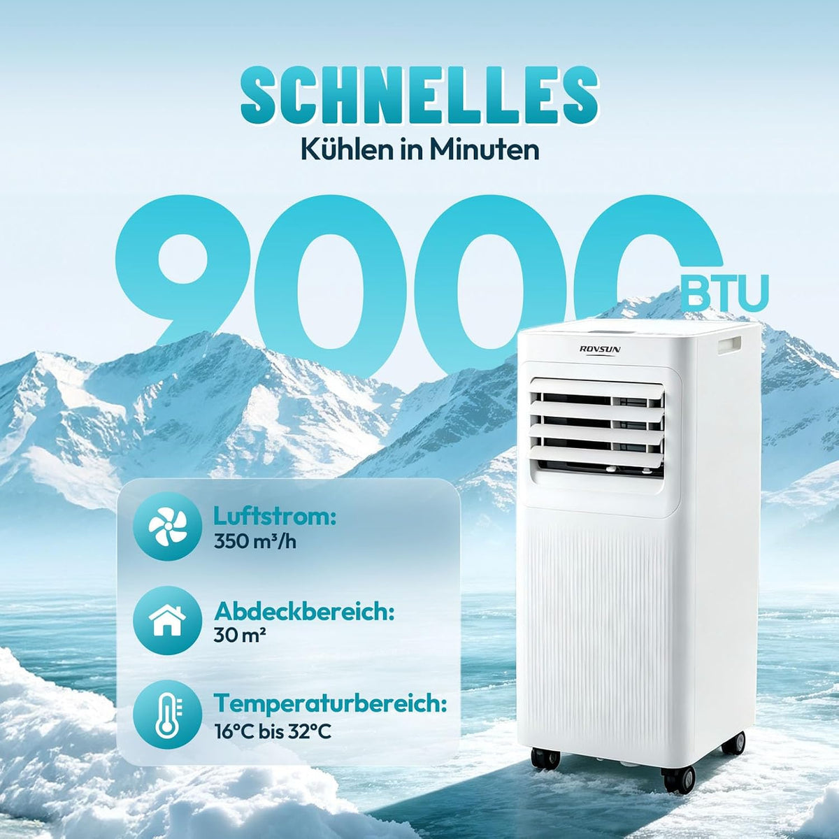 ROVSUN 3 in 1 Klimaanlage Mobil 9000 BTU mit Abluftschlauch, Moiles Klimagerät Mini Klimaanlage mit LED-Display & Fernbedienung & APP, 24H-Timer (9000, BTU)