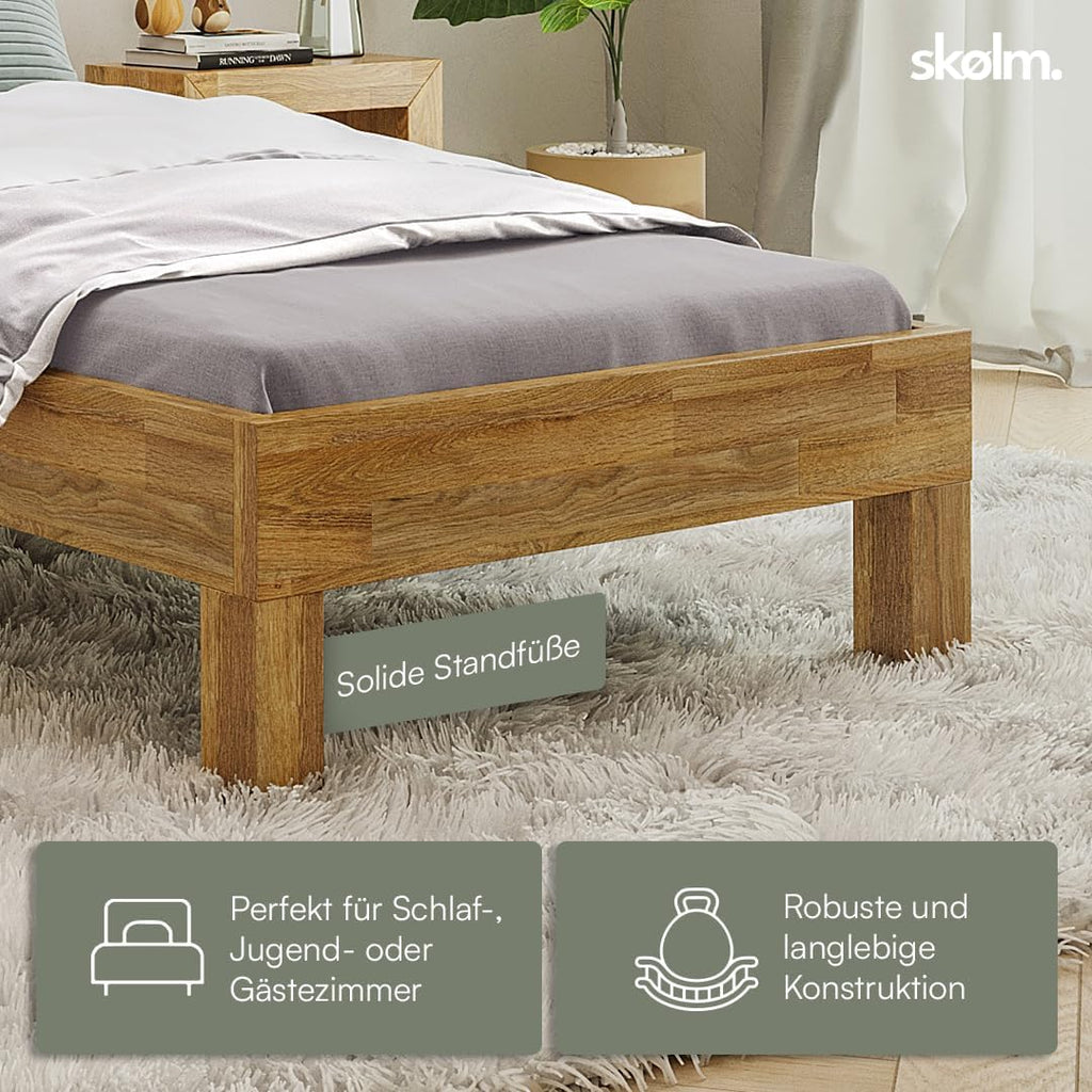 skølm Floki Massivholzbett 90x200 cm aus Eiche - hochwertiges Bettgestell - Bettrahmen mit Bettkopf - Holzbett in Natur geölt - Einzelbett 90x200 cm - Futonbett