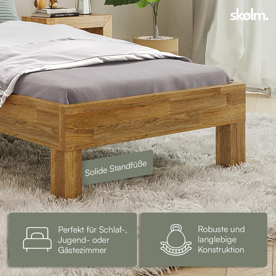 skølm Floki Massivholzbett 90x200 cm aus Eiche - hochwertiges Bettgestell - Bettrahmen mit Bettkopf - Holzbett in Natur geölt - Einzelbett 90x200 cm - Futonbett