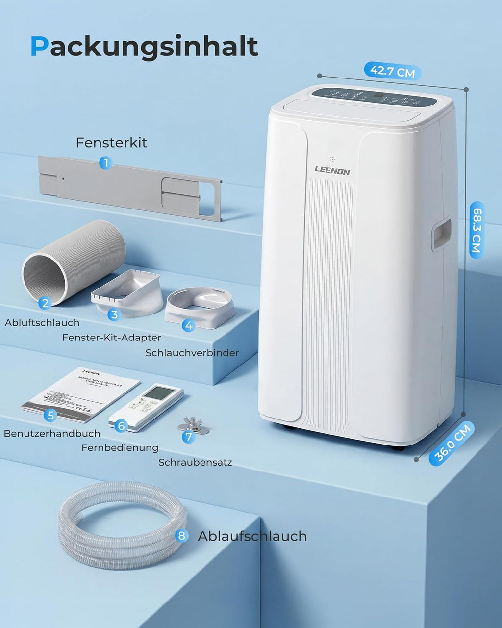 LEENON 14000 BTU Klimaanlage Mobil Klimagerät, 4 in 1 Kühlen Entfeuchten Lüftermodus Schlafmodus, Mobile Klima mit Abluftschlauch, Fernbedienung/24h Timer, Auto-Swing Air Conditioner, Für bis 50m²