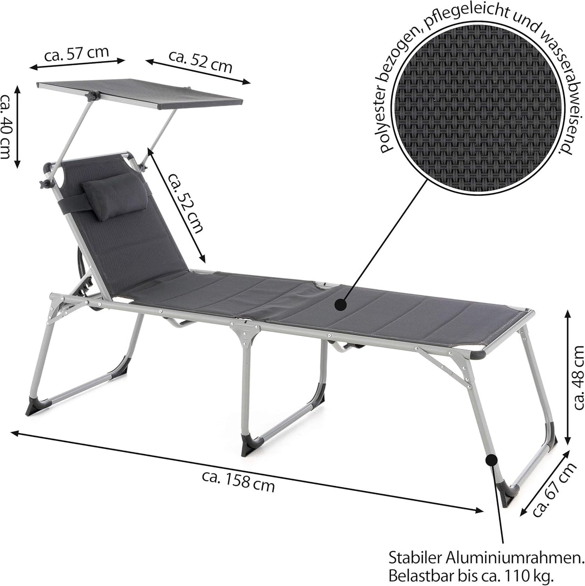 Nexos Trading XXL Senioren-Liege extra hoch für Senioren Gartenliege Sonnenliege Liegestuhl Klappliege –Gartenstuhl aus Aluminium & Textilene – Farbe dunkelgrau