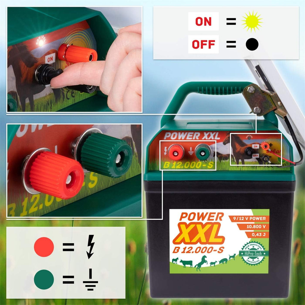 VOSS Power XXL B 12.000-S, 10.800V Starkes Solar-Weidezaungerät 9V 12V, inkl. 55Ah Batterie und Warnschild, Hocheffektives Solarmodul, Für Pferde, Ponys, Hund, Katze, Reiher, Rind, Schwein