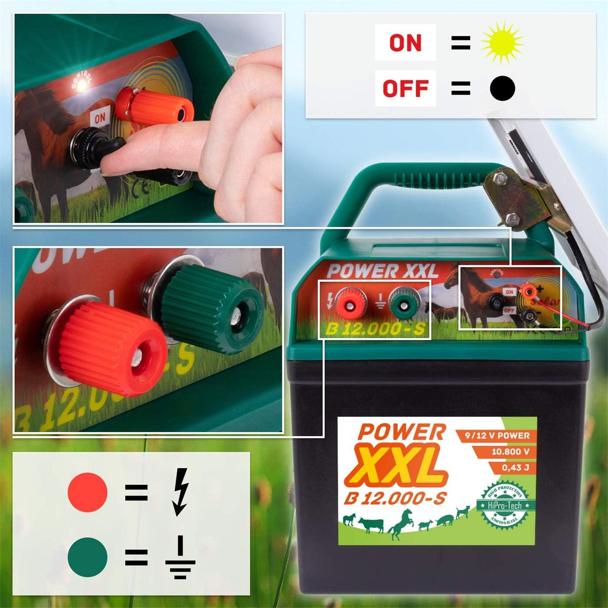 VOSS Power XXL B 12.000-S, 10.800V Starkes Solar-Weidezaungerät 9V 12V, inkl. 55Ah Batterie und Warnschild, Hocheffektives Solarmodul, Für Pferde, Ponys, Hund, Katze, Reiher, Rind, Schwein