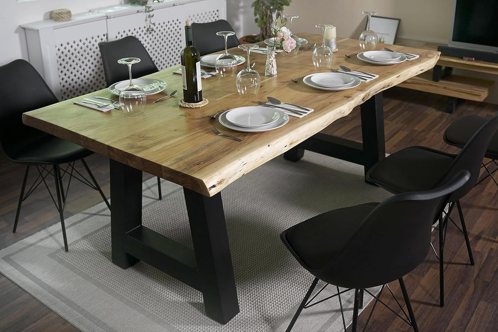 SAM Esstisch 180 x 90 cm Cali, Baumkantentisch naturfarben, Akazienholz massiv, A-Gestell aus Metall Schwarz, aufgedoppelte Kanten 25+25 mm