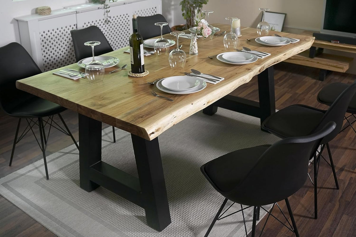 SAM Esstisch 180 x 90 cm Cali, Baumkantentisch naturfarben, Akazienholz massiv, A-Gestell aus Metall Schwarz, aufgedoppelte Kanten 25+25 mm