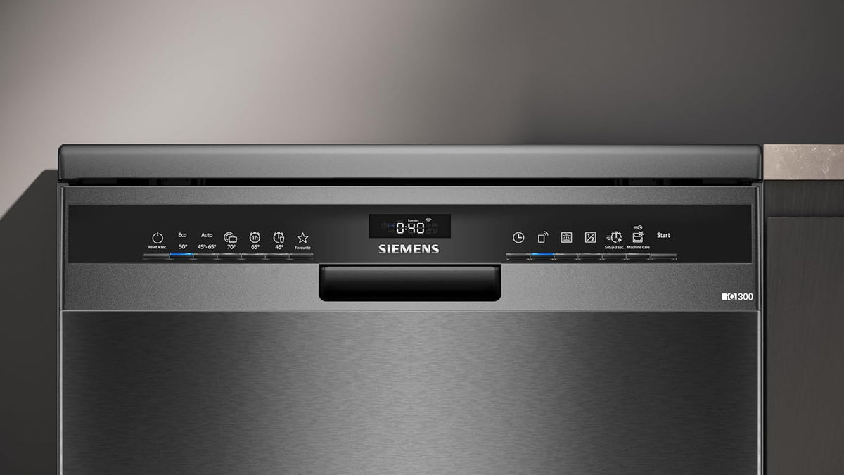 Siemens SN23EC03ME iQ300 Freistehender Geschirrspüler, 60 cm breit, varioFlex-Korb und varioSchublade, varioSpeed Plus, Favoritentaste, autoOpen dry, aquaStop, iQdrive, Home Connect