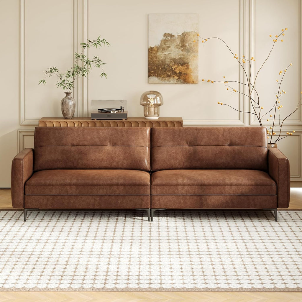 3-Sitzer Sofa in Vintage Lederoptik – Kompaktes Kunstleder Sofa mit Knopfheftung, Metallfüßen & Geraden Armlehnen, Braun – Retro Couch für Wohnzimmer, Büro oder kleine Wohnung (220cm Streifendesign)
