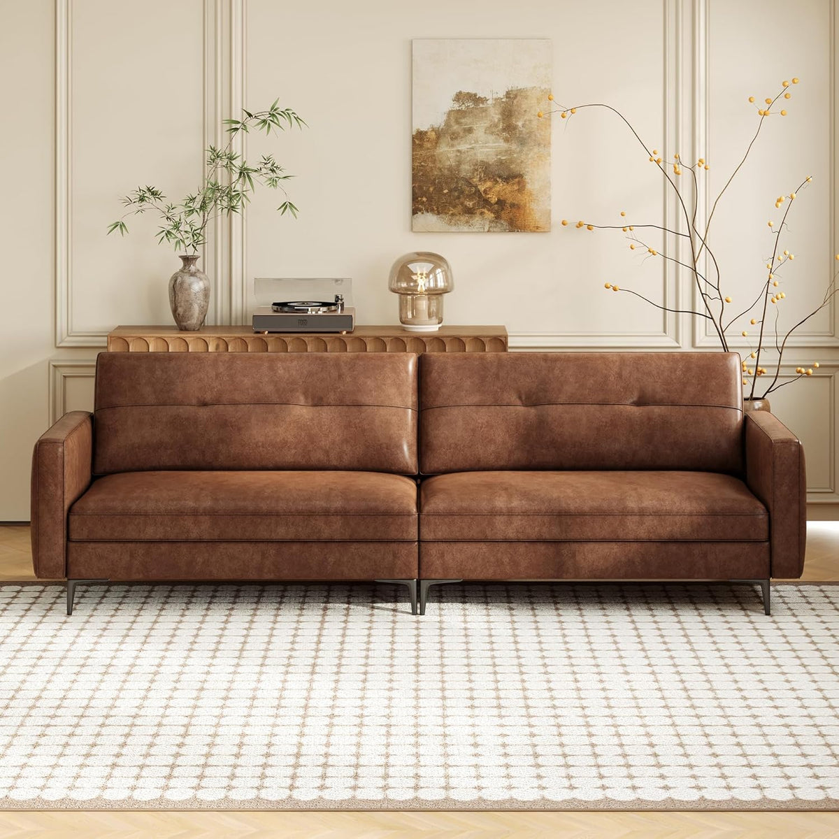 3-Sitzer Sofa in Vintage Lederoptik – Kompaktes Kunstleder Sofa mit Knopfheftung, Metallfüßen & Geraden Armlehnen, Braun – Retro Couch für Wohnzimmer, Büro oder kleine Wohnung (220cm Streifendesign)