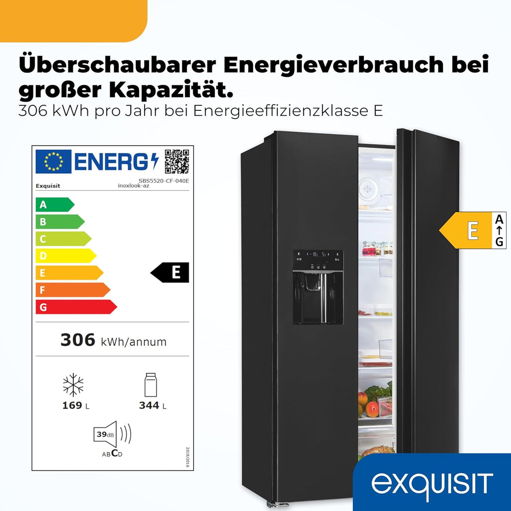 Exquisit Side by Side Kühl-Gefrierkombination | 513 l Nutzinhalt, Energieeffizienzklasse E, 39 dB, No Frost, Schnellgefrieren, Wasserspender, Ice-Maker, LED-Beleuchtung | SBS5520-CF-040E inoxlook-az
