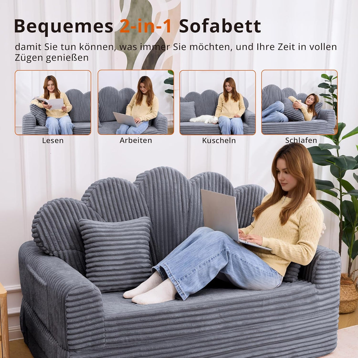 IRONCK Schlafsofa 2-Sitzer Sofa mit Schlaffunktion Boneless Sofa Bed aus Cord & Schaum, Sofabett 153x267cm, Klappbar Schlafcouch, 2 Kissen & Seitentaschen, Bettsofa für Wohnzimmer Schlafzimmer, Grau