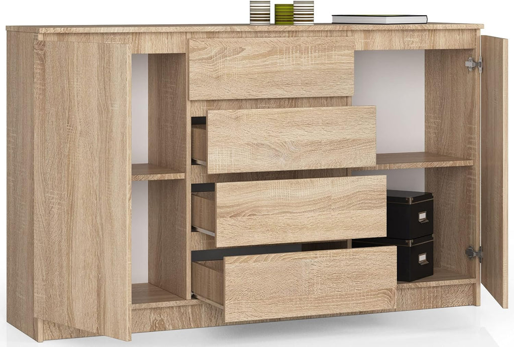 AKORD Kommode K 160 cm | 4 Schubladen und 2 Türen | für Wohnzimmer Schlafzimmer Schrank Wohnzimmer | Modernes Funktionelles Design | Schichtstoffplatte 16mm | Farbe Sonoma