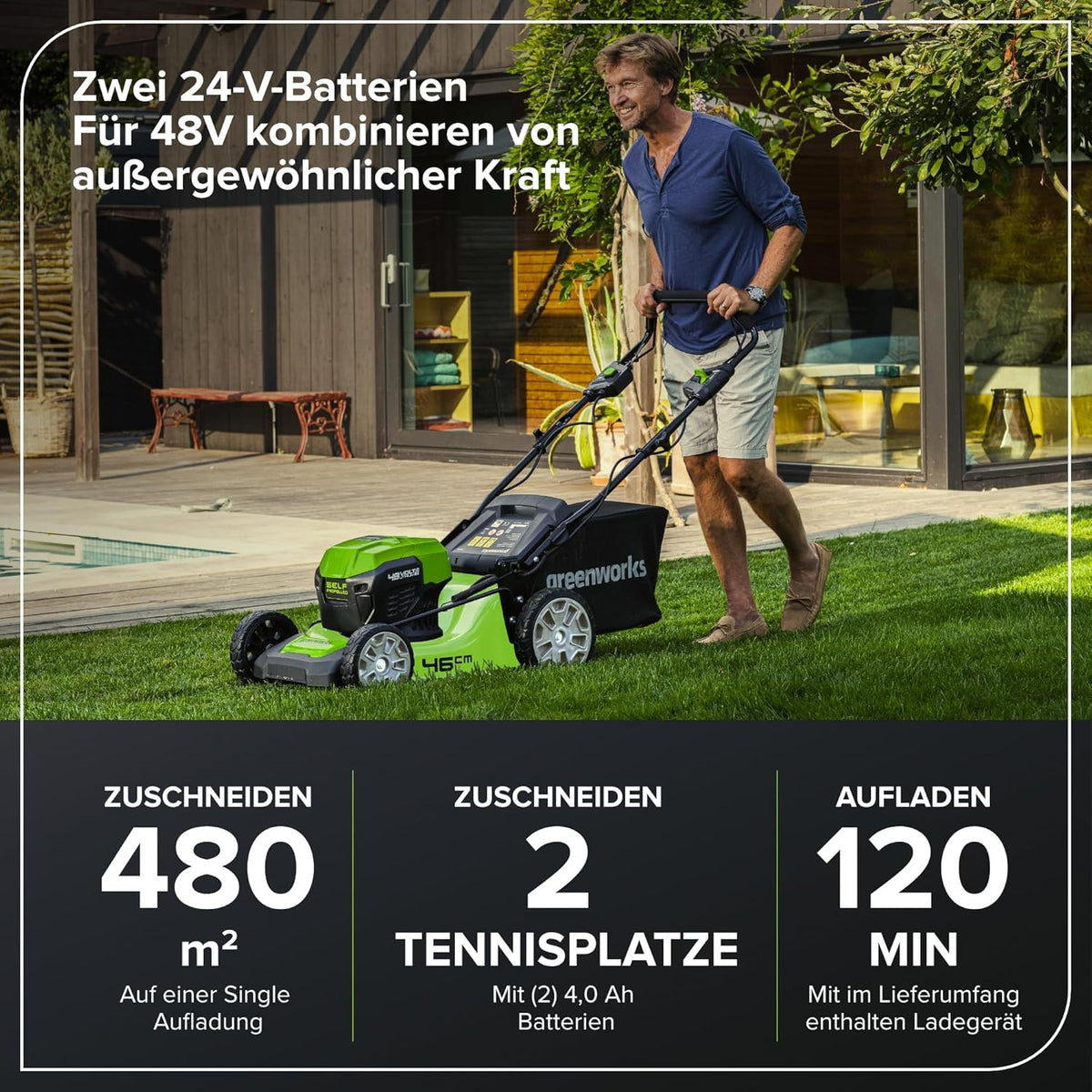 Greenworks Selbstfahrender Akku Rasenmäher 48V (24V x 2) bis zu 480m2, 46cm Schnittbreite, 55L Sack Rasenmäher Elektro Plus Zwei 4Ah-Akkus und Doppelladegerät,3 Jahre Garantie,GD24X2LM46SPK4X