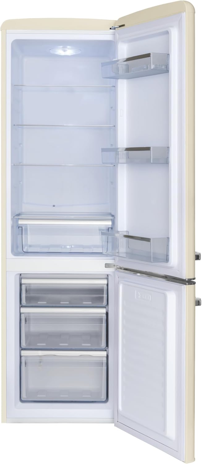 Amica Retro Kühlschrank freistehend mit Gefrierfach 244 l LED Beleuchtung Glasablagen Chrom Flaschengitter 181 x 55 x 62 cm Beige - Kühl Gefrierkombination