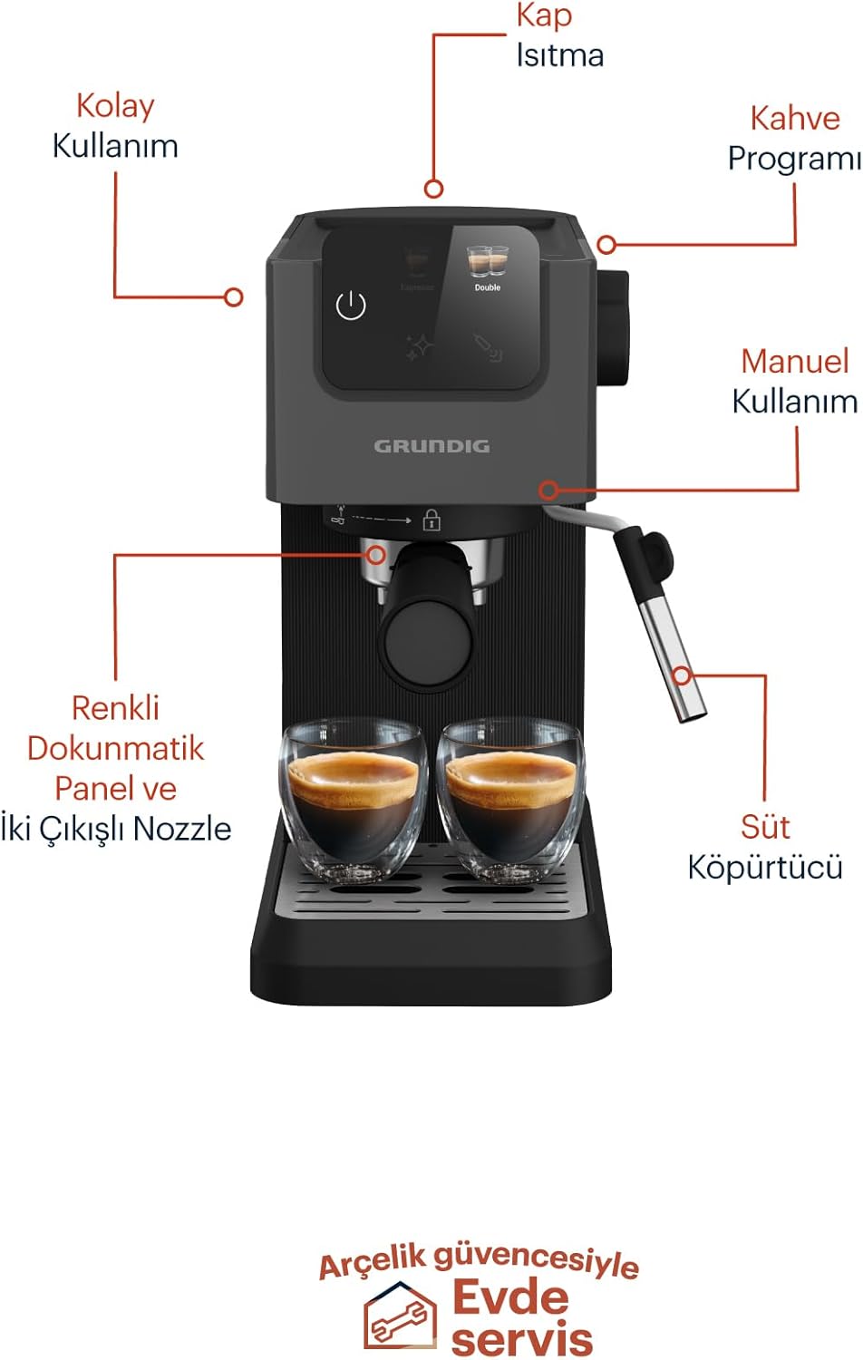GRUNDIG KSM 5330 Siebträgermaschine mit integriertem Milchbehälter, 1628 W Leistung, 15 bar Pumpendruck, Zweifachdüse, farbiges Touch-Display, BrewSense, CreamyPro, Dark Inox/Schwarz
