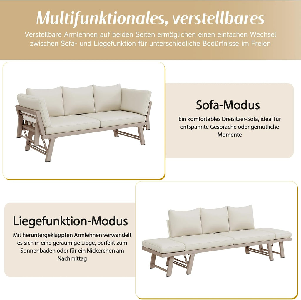 Gartenmöbel-Set, Outdoorsofa, 3-Sitzer-Sofa, Beige, Gartensofa mit Liegefunktion, Sonnenliege Gartenliege mit Auflagen und klappbaren Armlehne, Gartencouch für Garten, Terrasse, Balkon