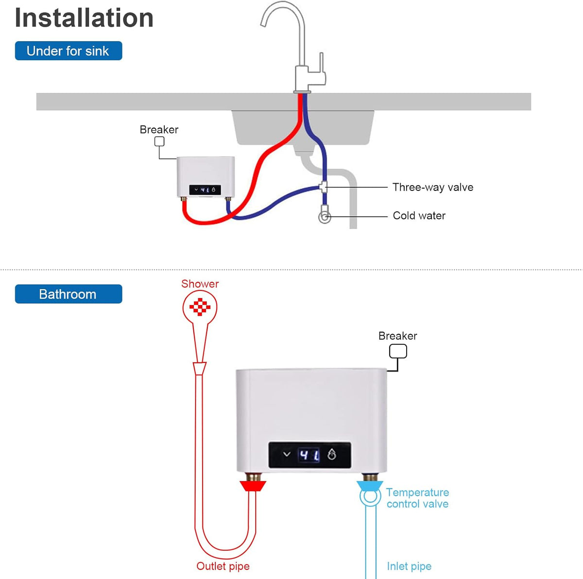 Elektronischer Durchlauferhitze Dusche, 220V elektrische Warmwasserbereiter Temperaturwahl 30-52 °C mit Bad Dusche Kit, für Handwaschbecken, Küche, Bad, Waschbecken (5500W mit Duschset, Weiß)