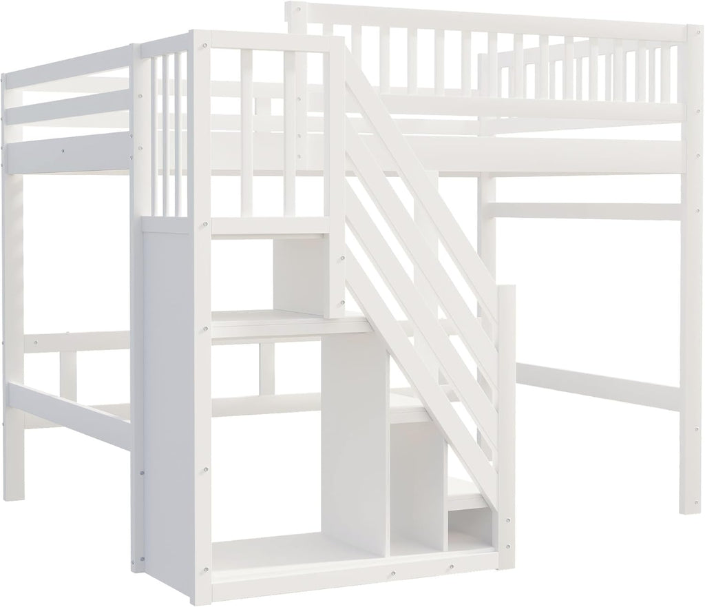 Kinderbett Etagenbett 140x200, Hochbett mit Treppe und Aufbewahrungsschrank, Multifunktionsbett Stockbett Spielbett Kinderhochbett Jugendhochbett mit Lattenrost & Rausfallschutz, Ohne Matratze, Weiß