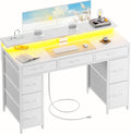 Schreibtisch mit 8 Schubladen, Computertisch mit 2 Steckdosen und 2 USB Ladeanschluss, Bürotisch mit LED und Monitorständer, PC Tisch für Büro, Wohnzimmer, 120 x 50 x 74 cm, Weiß