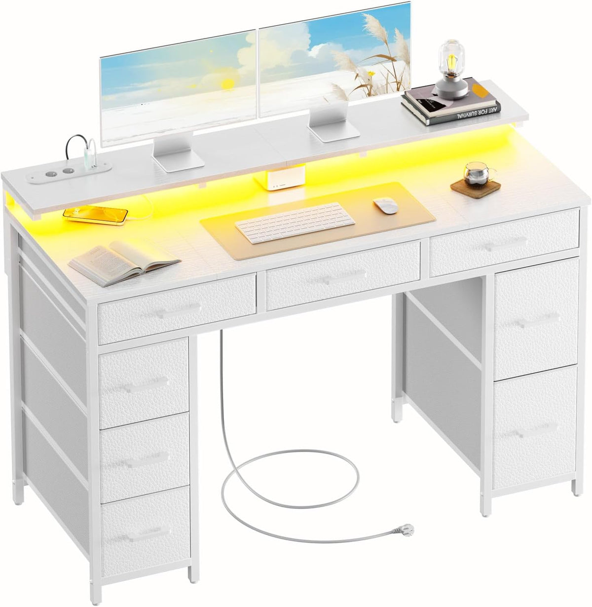 Schreibtisch mit 8 Schubladen, Computertisch mit 2 Steckdosen und 2 USB Ladeanschluss, Bürotisch mit LED und Monitorständer, PC Tisch für Büro, Wohnzimmer, 120 x 50 x 74 cm, Weiß