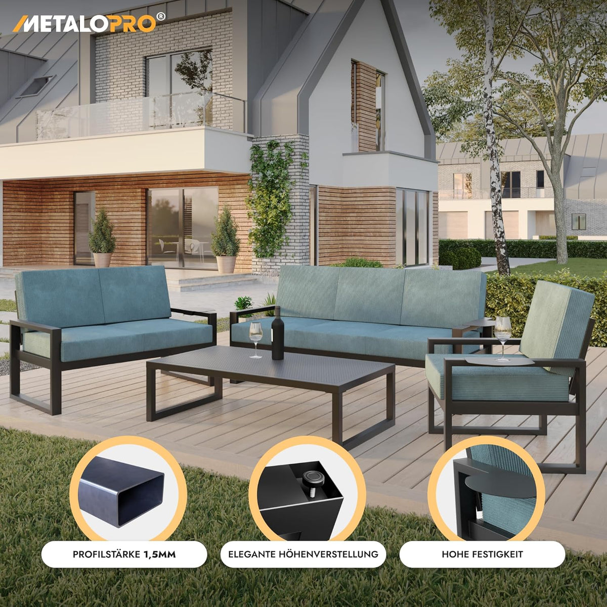 Gartensofa, 1x Dreisitzer, Metallrahmen mit Cordstoff Kissen, Terrassensofa, Outdoor Sofa, für Terrasse, Balkon, Garten, Ozeantiefe