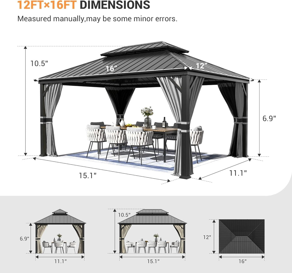 Amopatio 3.65 x 4.85 m Gartenpavillon Wasserdicht Stabil Winterfest Hardtop Pavillon, Verzinkter Stahl Doppeldach Aluminium Pavillon mit Moskitonetz und Vorhänge für Garten, Terrasse, Rasen, Grau