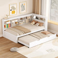 Plattformbett mit Ausziehbett 90x200cm(90x190cm), Ausziehbares Schlafsofa Tagesbett mit Bücherregal & USB Ladefunktion, Multifunktionsbett Gästebett Daybett Kinderbett Jugendbett, Ohne Matratze, Weiß