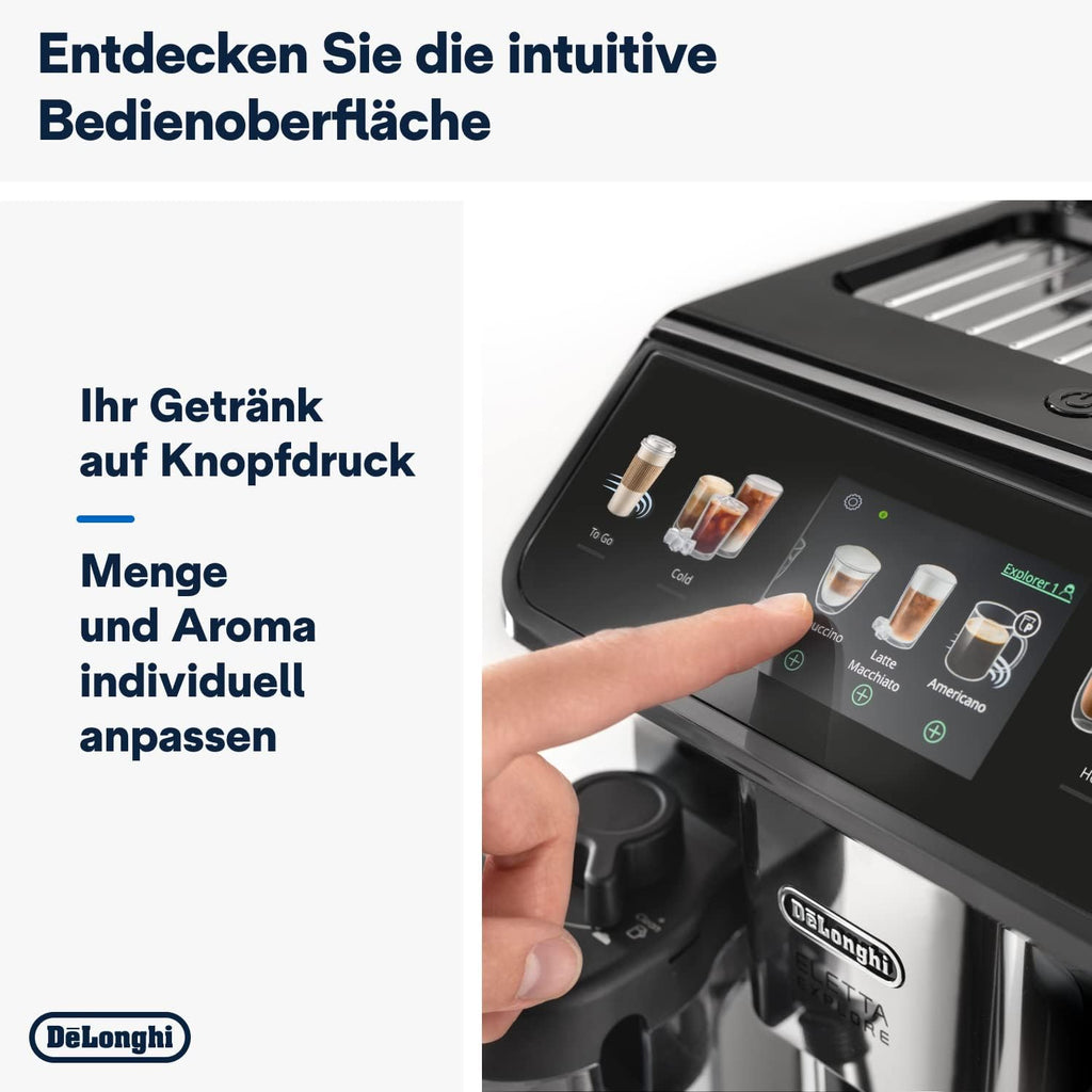 De’Longhi Eletta Explore - Perfetto Kaffeevollautomat mit LatteCrema-Milchaufschäumer, 40 Getränke auf Knopfdruck, farbiges Touch-Display, Dunkelgrau (ECAM452.57.G)