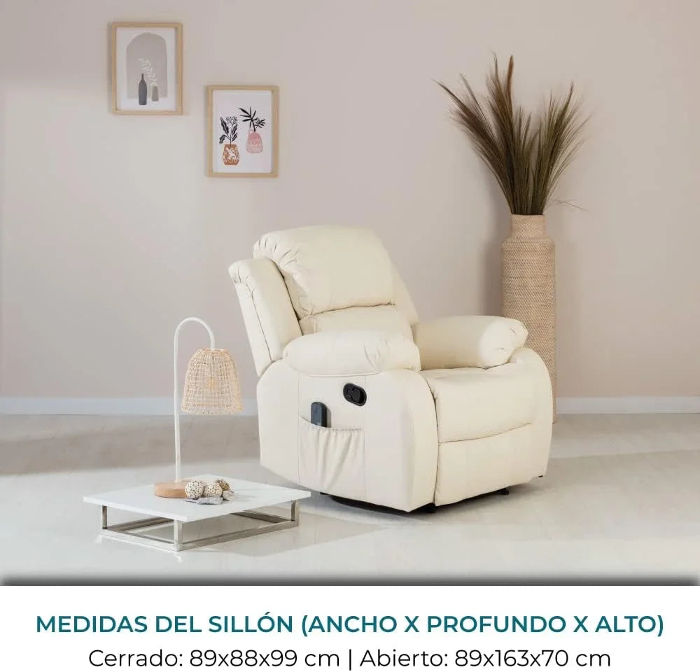 Don Descanso - Sillón Masaje Relax Calor Trevi Negro Reclinable 160º con 8 Motores Silenciosos, Calor Lumbar, Sist. Masaje 4 Zonas y Acabado en PU Anti-Cuarteo [Incluye Mando]. Ideal Gente Mayor