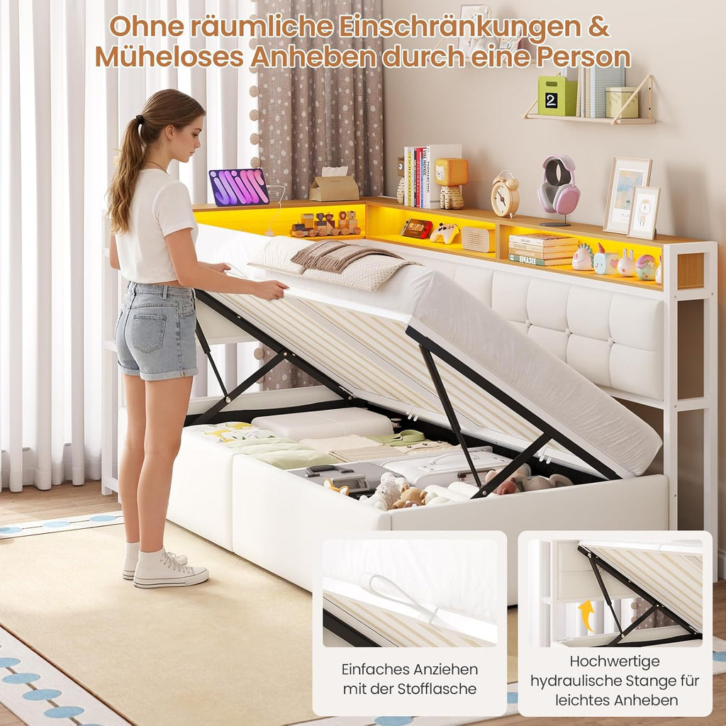 DICTAC Jugendbett 90x200 mit Stauraum, LED & Ladestation | Polsterbett mit hydraulischem Stauraum, zweistöckiges Ablagefach | Tagesbett Einzelbett in weiß– für Kinder, Jugendliche & Erwachsene