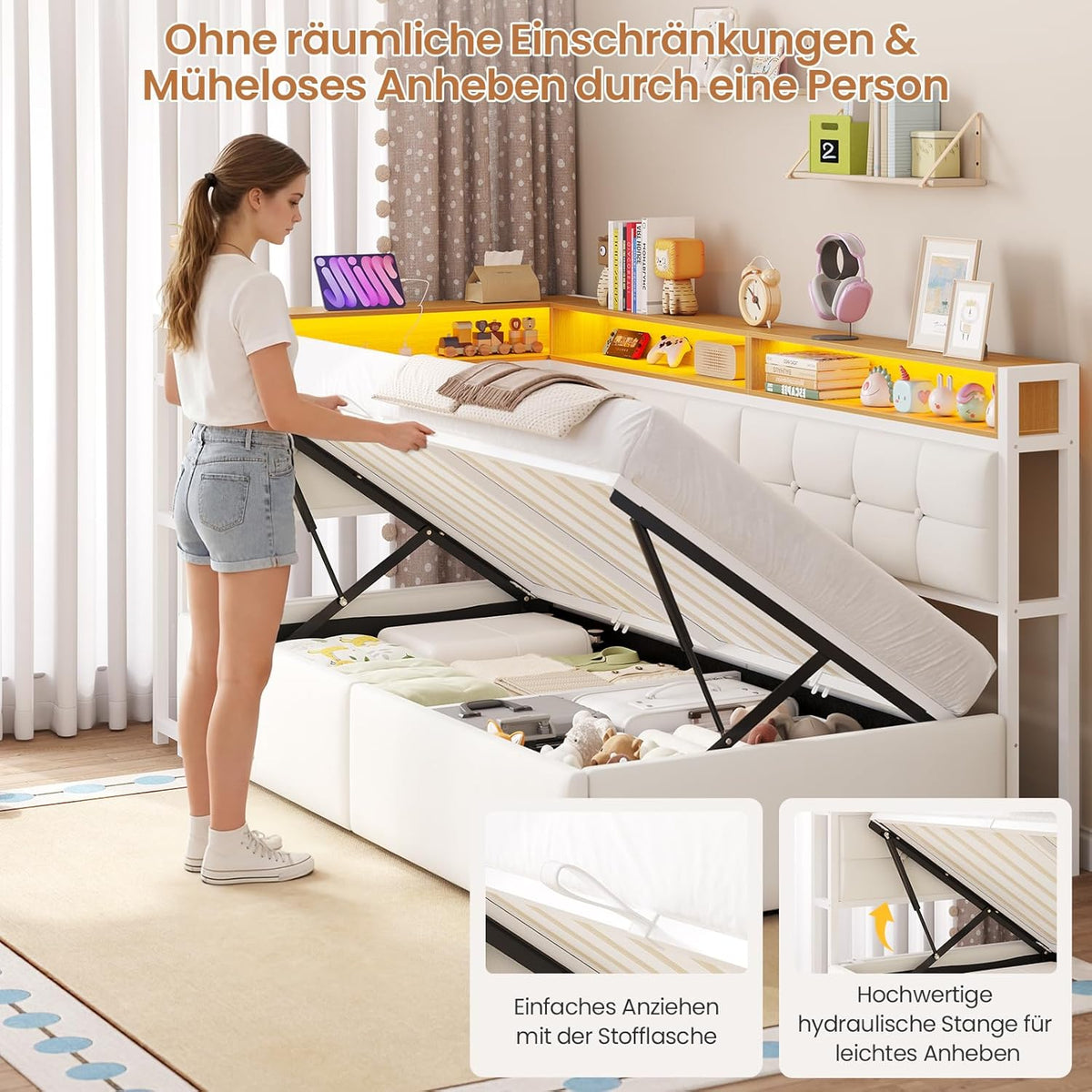 DICTAC Jugendbett 90x200 mit Stauraum, LED & Ladestation | Polsterbett mit hydraulischem Stauraum, zweistöckiges Ablagefach | Tagesbett Einzelbett in weiß– für Kinder, Jugendliche & Erwachsene