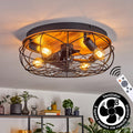 LED Deckenventilator Tourais, Ventilator aus Metall/MDF in Schwarz/Holzoptik, Deckenleuchte im Retro/Vintage-Design in Gitter-Optik, Lichteffekt u. Fernbedienung, Wohnzimmer, Schlafzimmer, Esszimmer