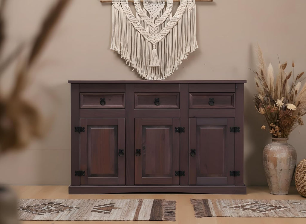 Hacienda-Look – Sideboard New Mexiko 3+3 Anrichte Buffet Schrank Kommode kolonial – 132x84x44 cm – 3 Schublade(n) – Massive Kiefer – Farbe Dunkelbraun – Hacienda-Stil – wärmender