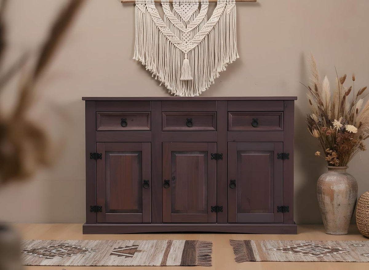 Hacienda-Look – Sideboard New Mexiko 3+3 Anrichte Buffet Schrank Kommode kolonial – 132x84x44 cm – 3 Schublade(n) – Massive Kiefer – Farbe Dunkelbraun – Hacienda-Stil – wärmender