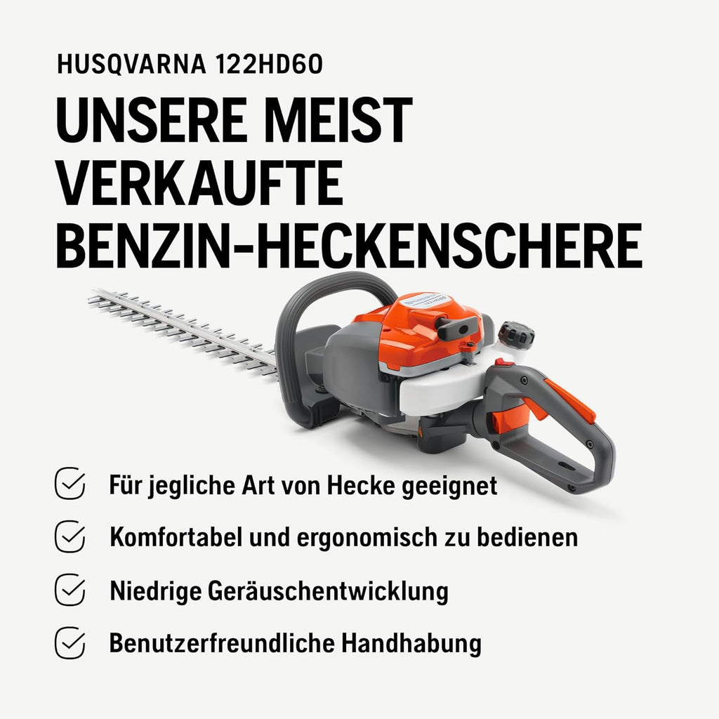 Husqvarna 122HD60 Benzin-Heckenschere - 21,7-cm³-Motor, 59-cm-Dual-Action-Messer, LowVib®-Vibrationsreduzierung, Smart Start®-Technologie, Verstellbarer hinterer Handgriff