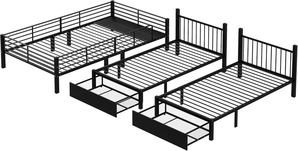 Dreifaches Etagenbett mit Schubladen, Metallbettrahmen, umwandelbar in 140 x 200 Doppelbett und Zwei 90 x 200 Einzelbetten, multifunktionales Metallrahmenbett, Schwarz