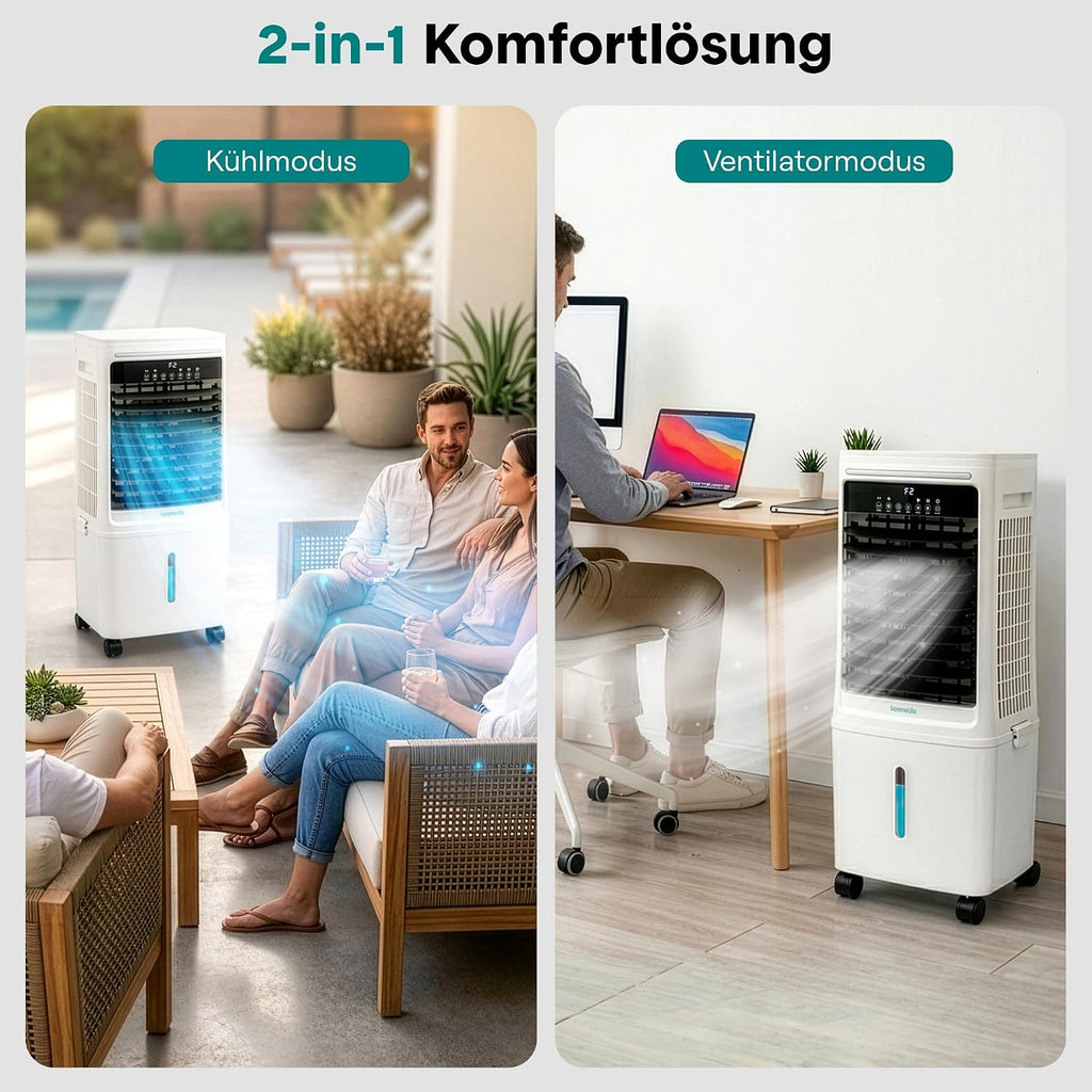 SereneLife Klimaanlage ohne Abluftschlauch, 25L Verdunstungsluftkühler für Große Räume, 1700 CFM, Kühlakku-Funktion, Timer Abnehmbarer Wassertank 80W, 60/120°Oszillation, Leise mit Rollen